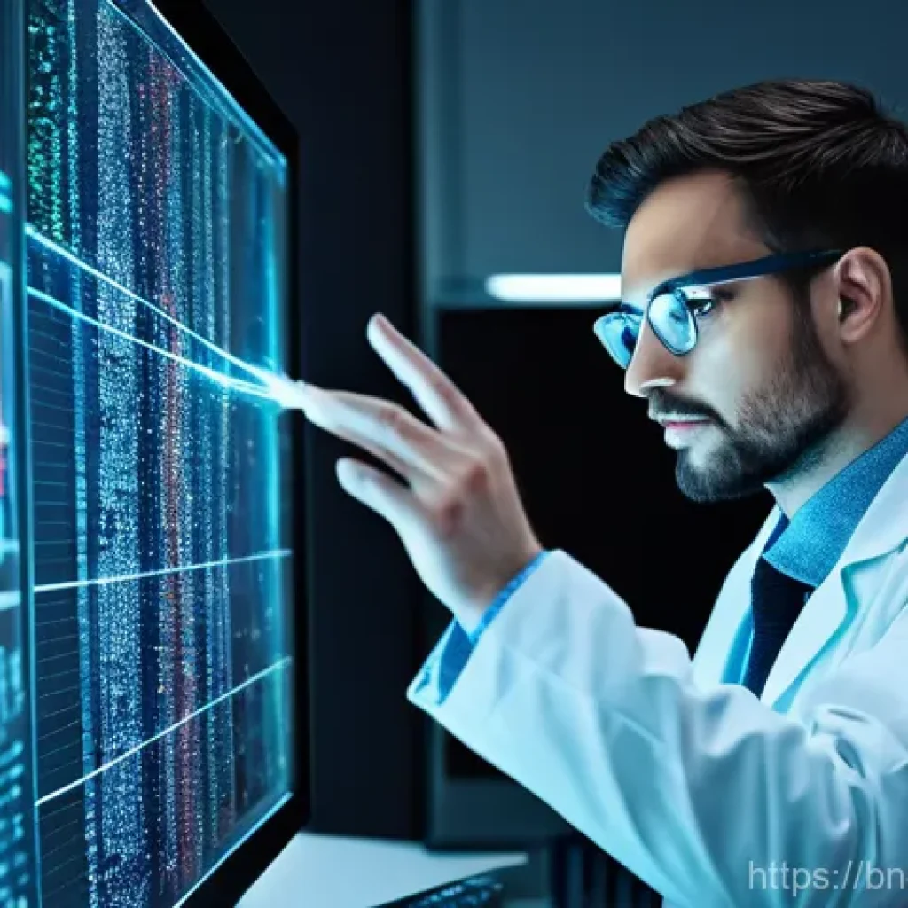 AI 개발의 문제 해결 방법 - A professional data scientist, wearing a clean, modern lab coat and glasses, intensely focused on mu...