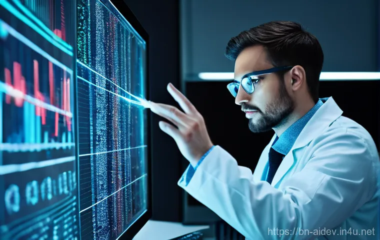 AI 개발의 문제 해결 방법 - A professional data scientist, wearing a clean, modern lab coat and glasses, intensely focused on mu...