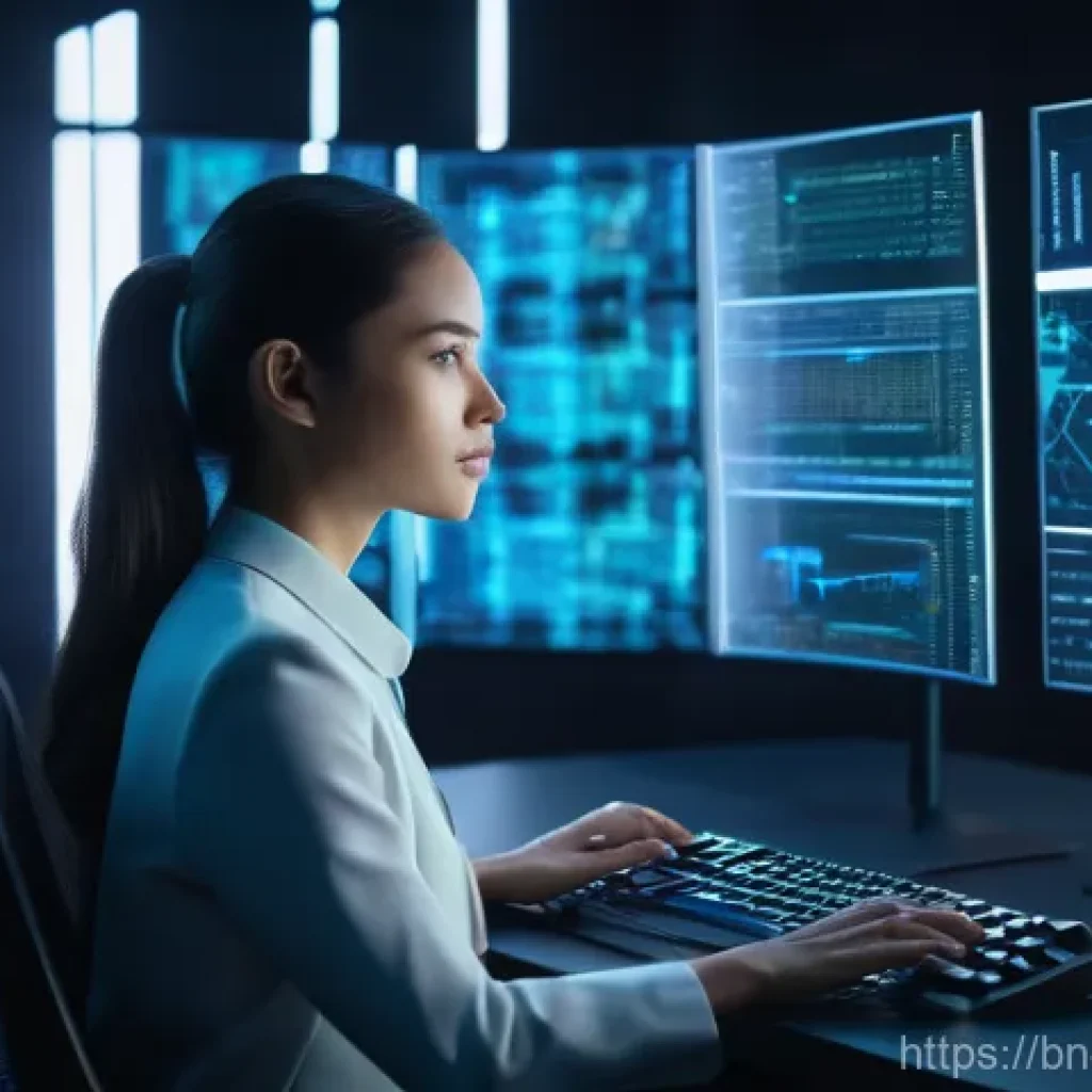 AI 개발자의 문제 해결 능력 - "A focused female AI developer, dressed in smart professional attire, sits intently before multiple ...