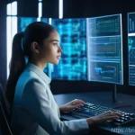 AI 개발자의 문제 해결 능력 - "A focused female AI developer, dressed in smart professional attire, sits intently before multiple ...