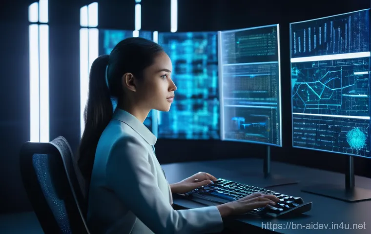 AI 개발자의 문제 해결 능력 - "A focused female AI developer, dressed in smart professional attire, sits intently before multiple ...