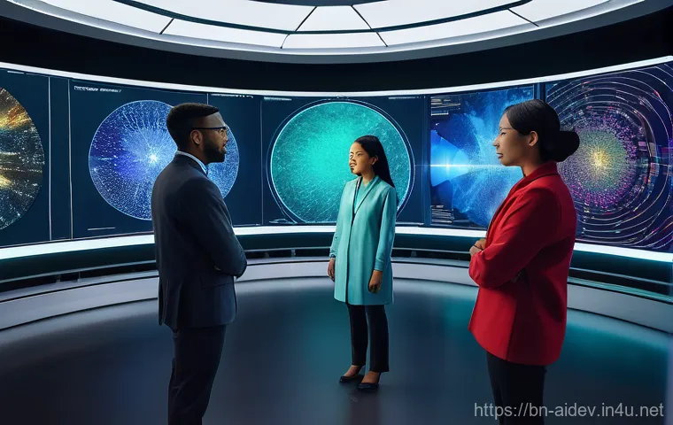 인공지능 개발 과정과 도전 - **Prompt:** A group of diverse data scientists, male and female, of various ethnicities, in a futuri...