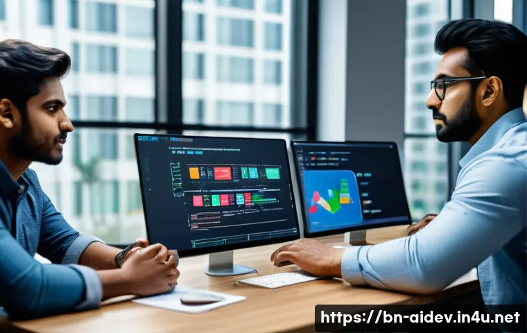 인공지능 개발자 연봉 상승 방법 - A diverse group of Bengali AI developers collaborating in a modern office setting, discussing a proj...