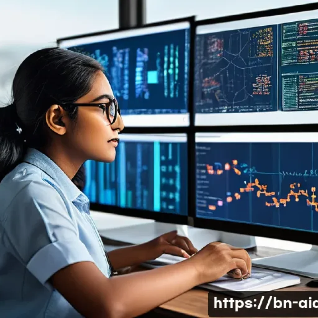 AI 개발자가 되는 방법 - A detailed digital illustration of a Bengali young professional woman working on machine learning pr...