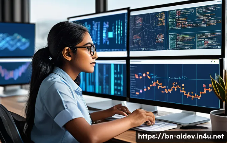 AI 개발자가 되는 방법 - A detailed digital illustration of a Bengali young professional woman working on machine learning pr...