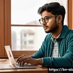 Home 21 AI 개발자의 경쟁력 강화 - A detailed scene of a young Bengali AI developer working intently on a laptop in a cozy home office ...