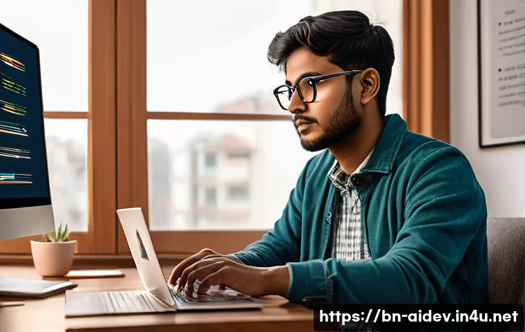 AI 개발자의 경쟁력 강화 - A detailed scene of a young Bengali AI developer working intently on a laptop in a cozy home office ...