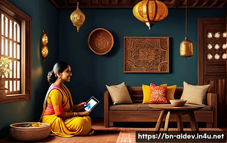 인공지능 기술 트렌드와 변화 - A modern Bengali household interior featuring a smart home environment with a Bengali family using A...