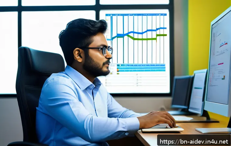 AI 개발자 기술적 강점 - A professional Bengali software developer working at a modern desk with multiple monitors displaying...