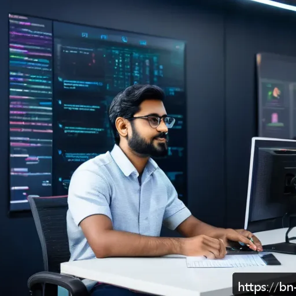 AI 개발자 이직 준비 팁 - A modern AI interview preparation scene featuring a focused Bengali young professional sitting at a ...