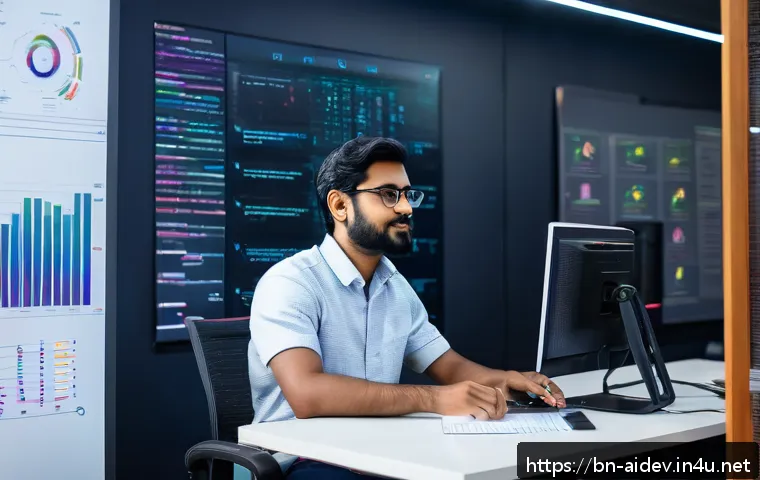 AI 개발자 이직 준비 팁 - A modern AI interview preparation scene featuring a focused Bengali young professional sitting at a ...